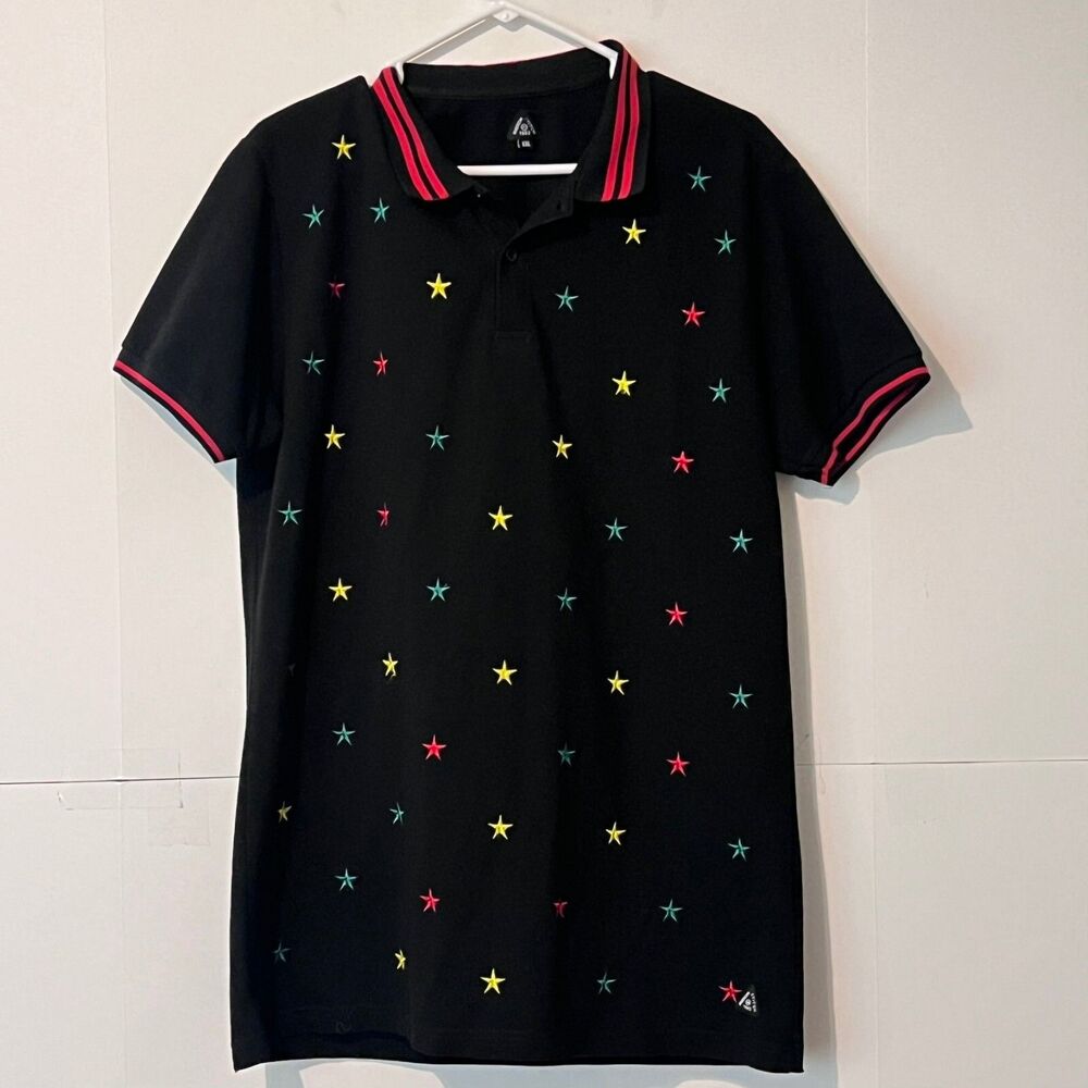 American Stitch Mens Polo Shirt Size XL-2XL Black Embroidered Stars Collared